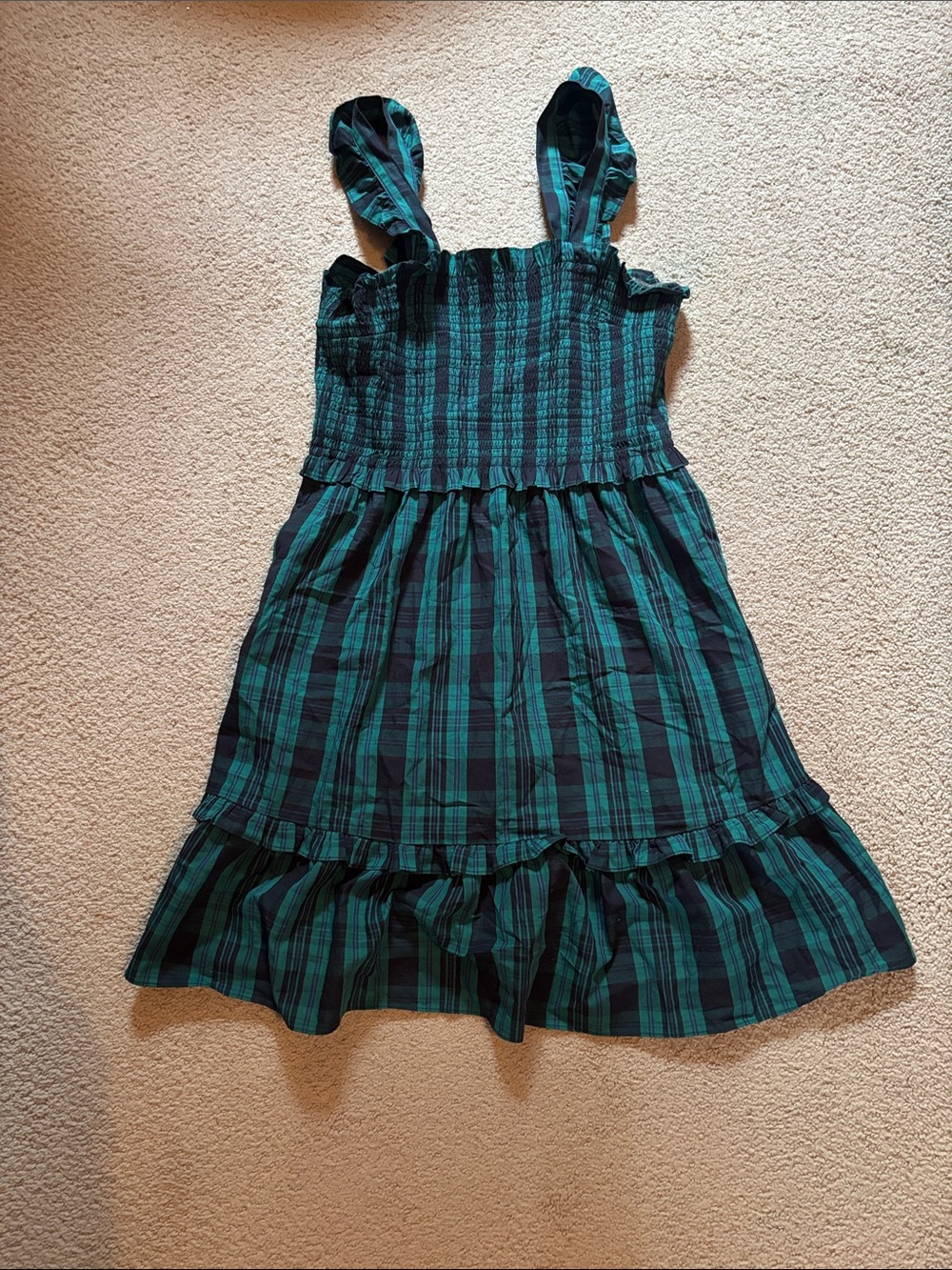 Draper James Teal and Black Plaid Sundress with Ruffle Hem